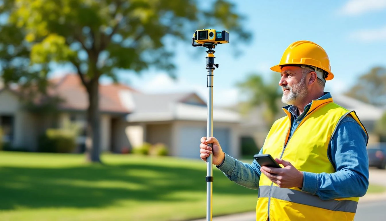 Land surveyor using GPS RTK equipment for engineering survey in Perth